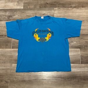 Bootleg Vintage Harley-Davidson Turquoise Graphic Tee with Flame Emblem